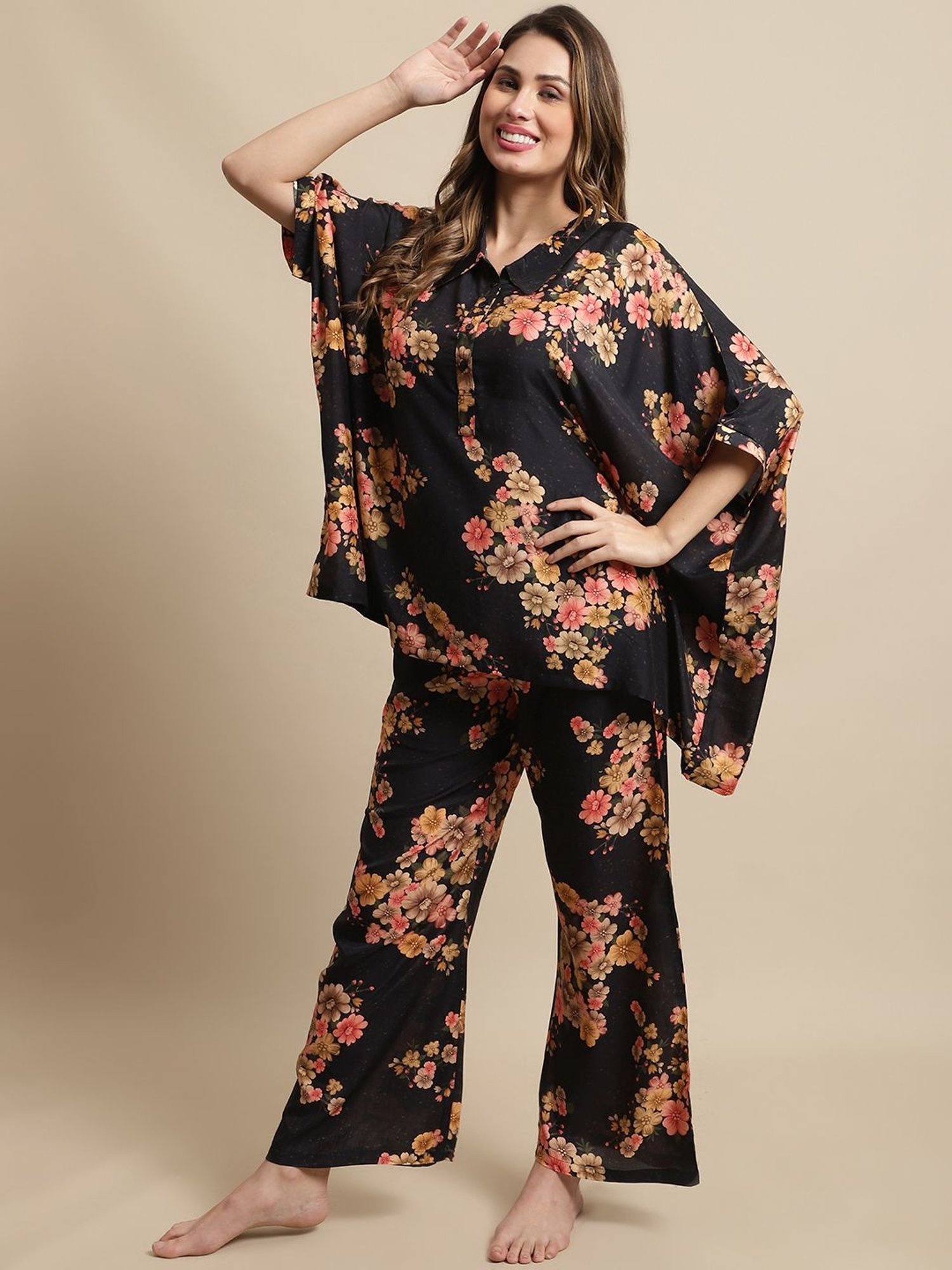 Kanvin Black Printed Kaftan Palazzo Set