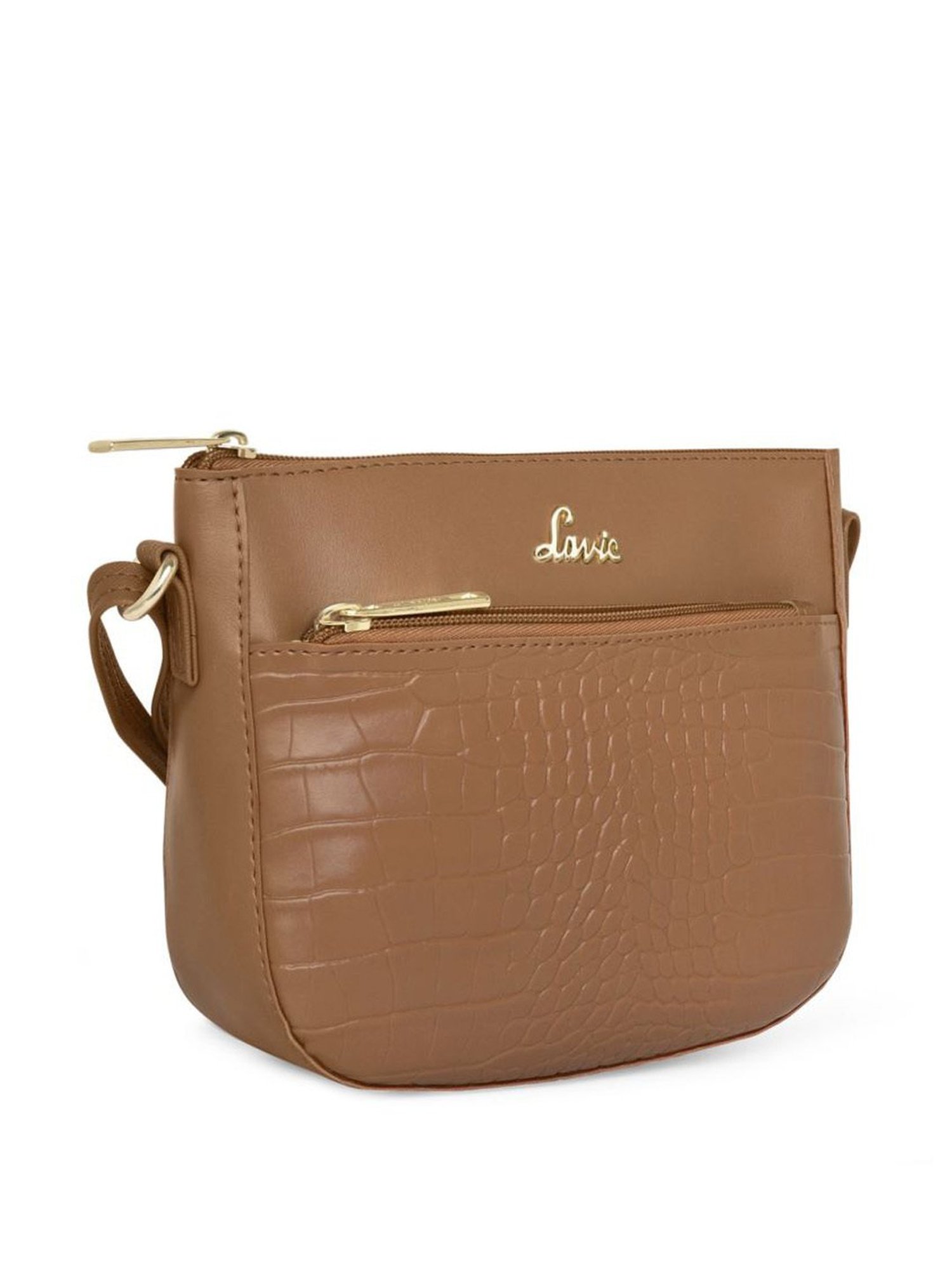 Lavie Croc Saddle Tan Synthetic Textured Sling Handbag