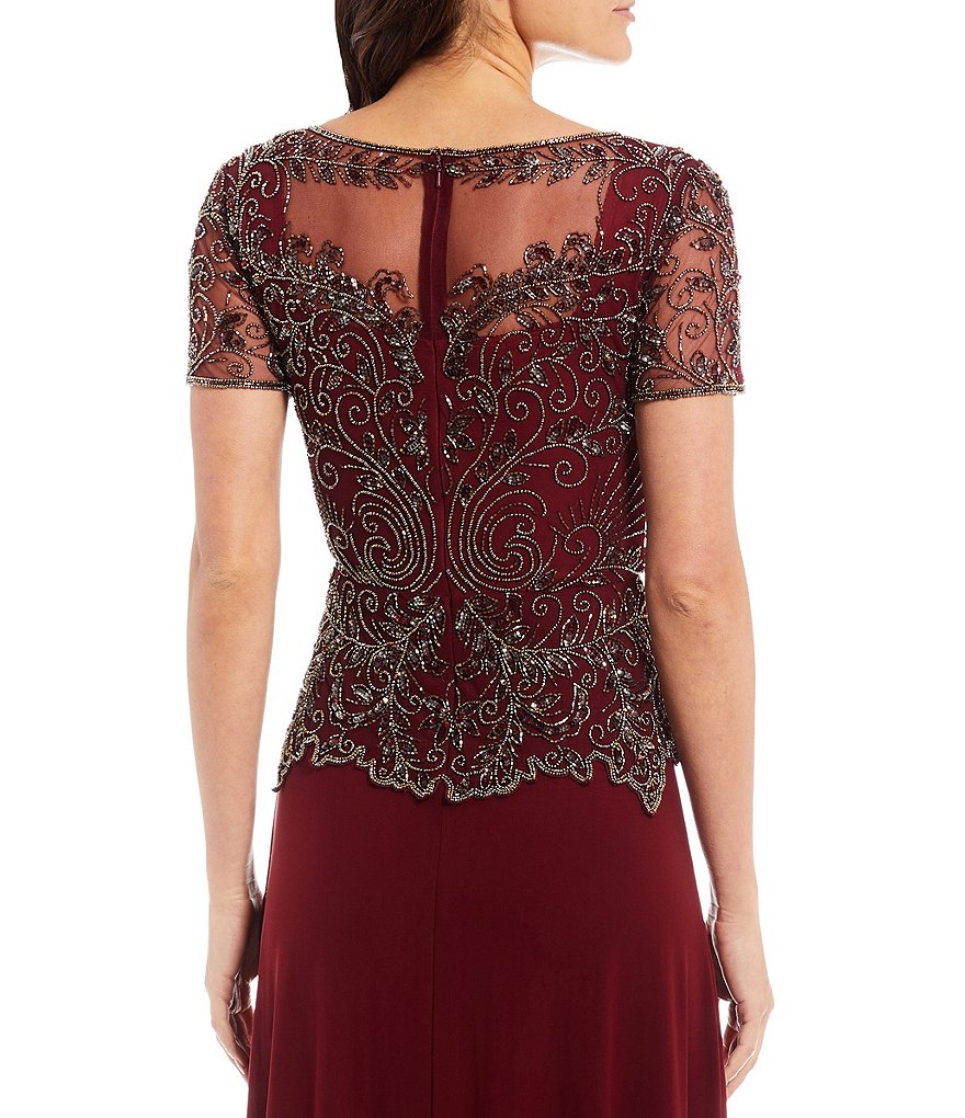 Pisarro Nights Petite Size Beaded Bodice Illusion Boat Neck Short Sleeve Gown