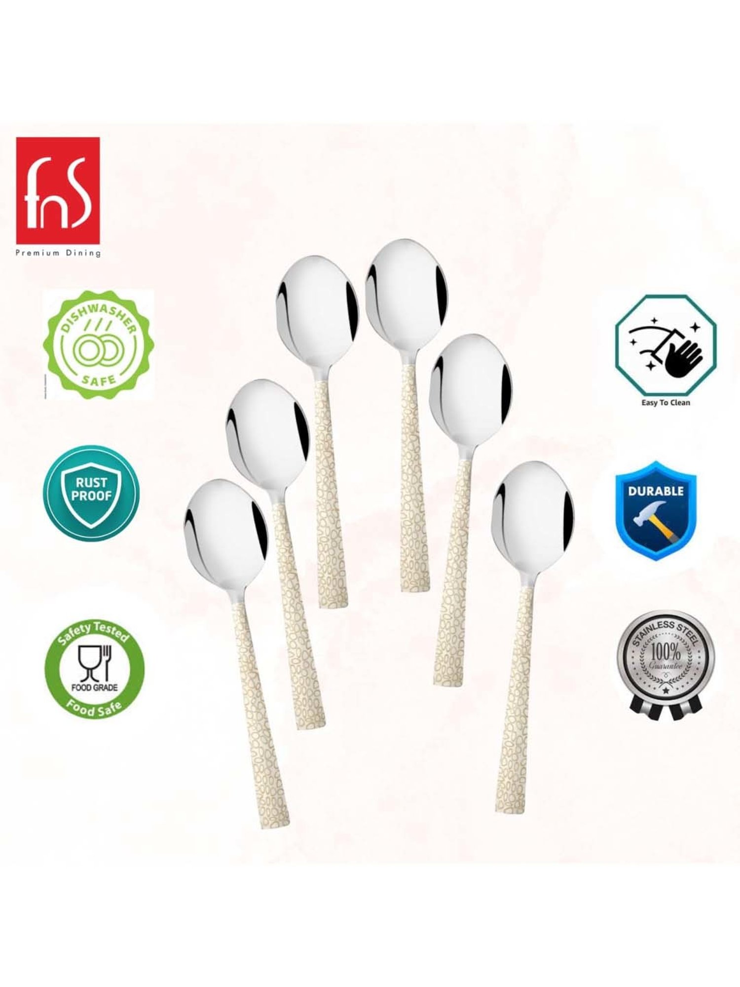 FnS Pebble Silver Stainless Steel Baby Spoon - Set of 6