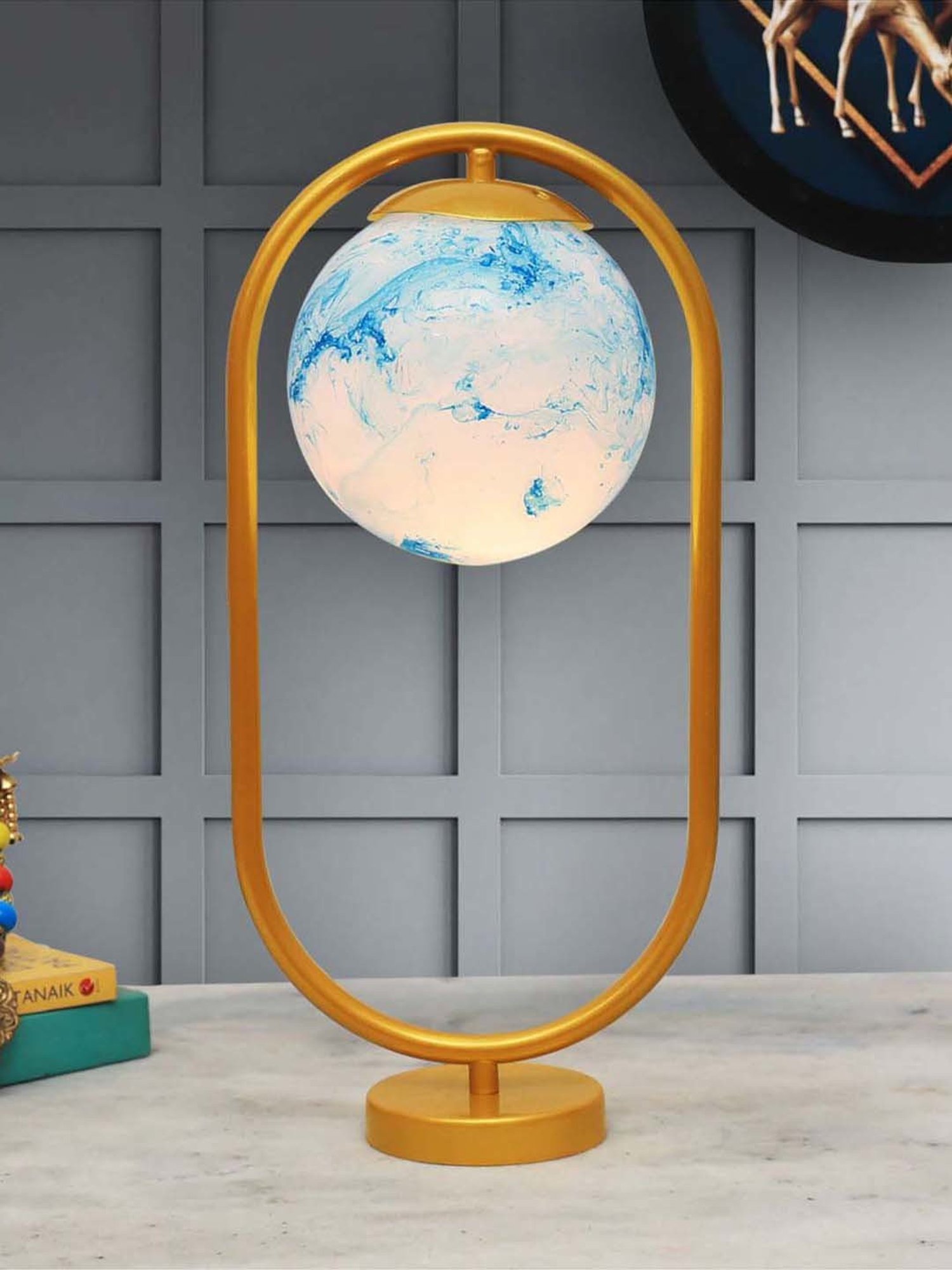 Homesake Blue & Golden Metal Bedside Globe Desk Lamp