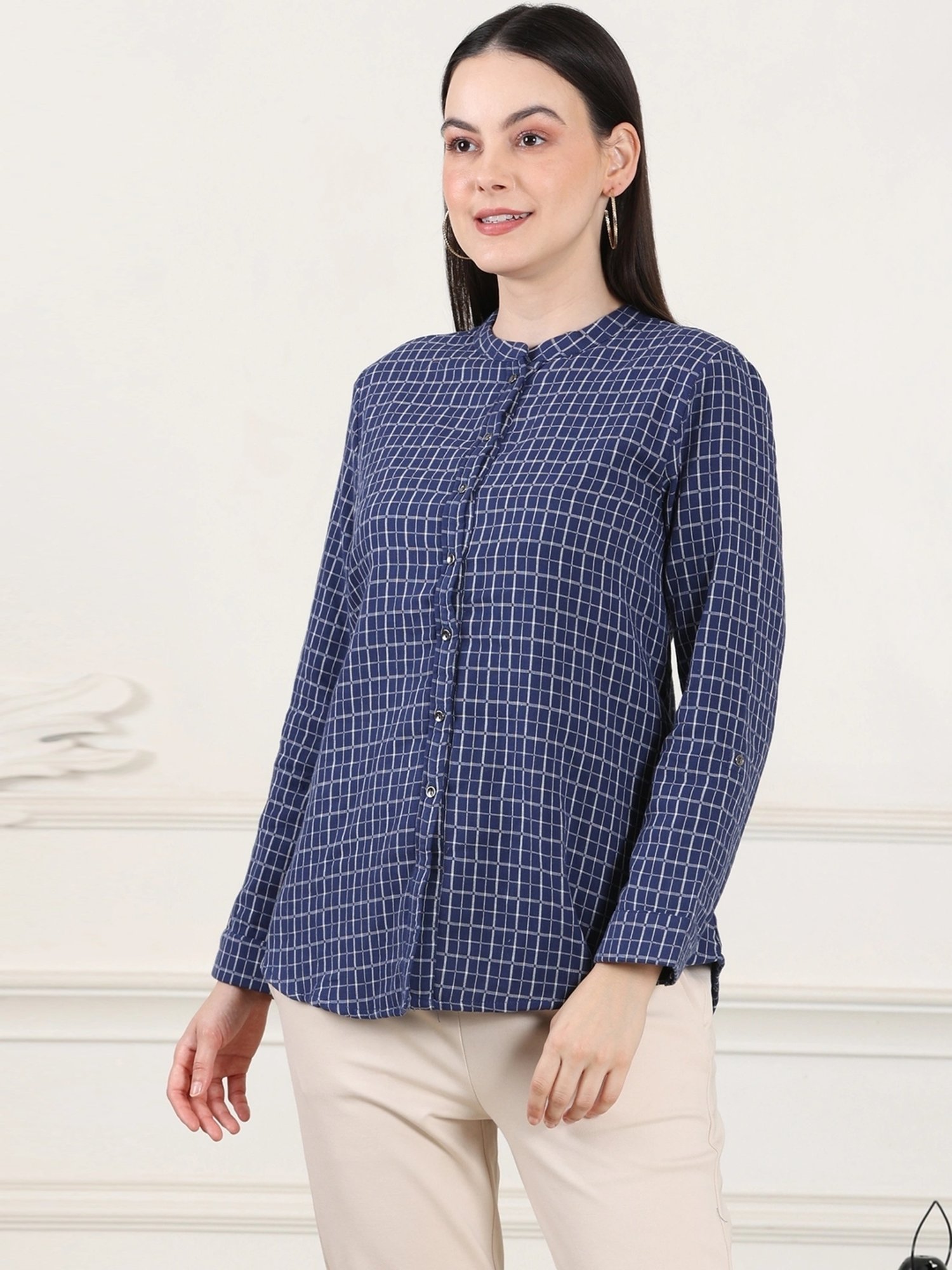 W Navy Cotton Chequered Top