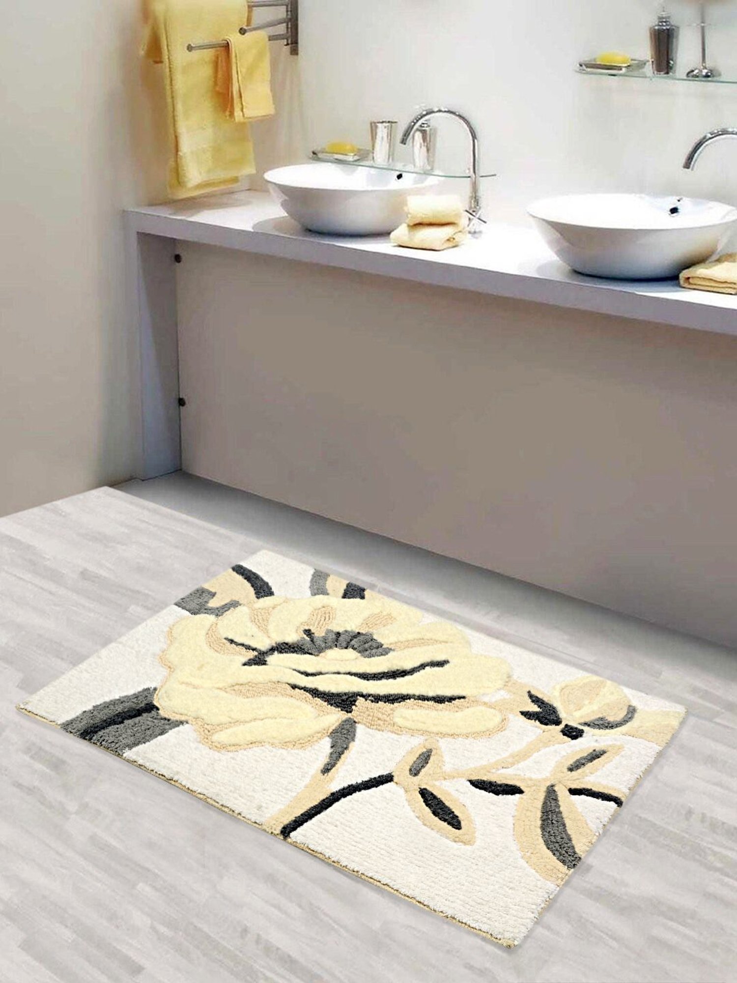 Saral Home Grey Cotton Floral Bath Mat 50X80 cm