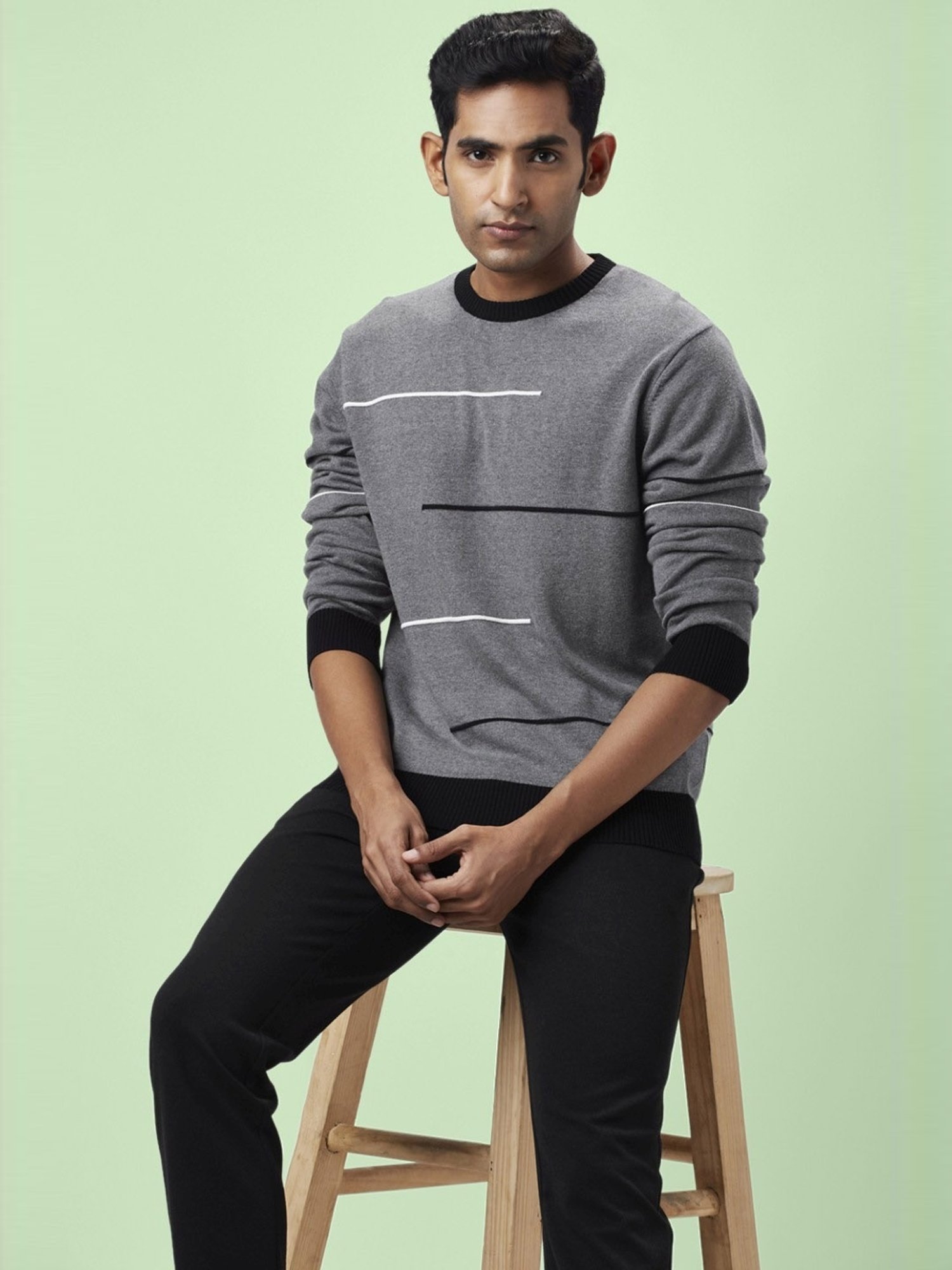 Byford By Pantaloons Grey Melange Cotton Regular Fit Printed Sweaters