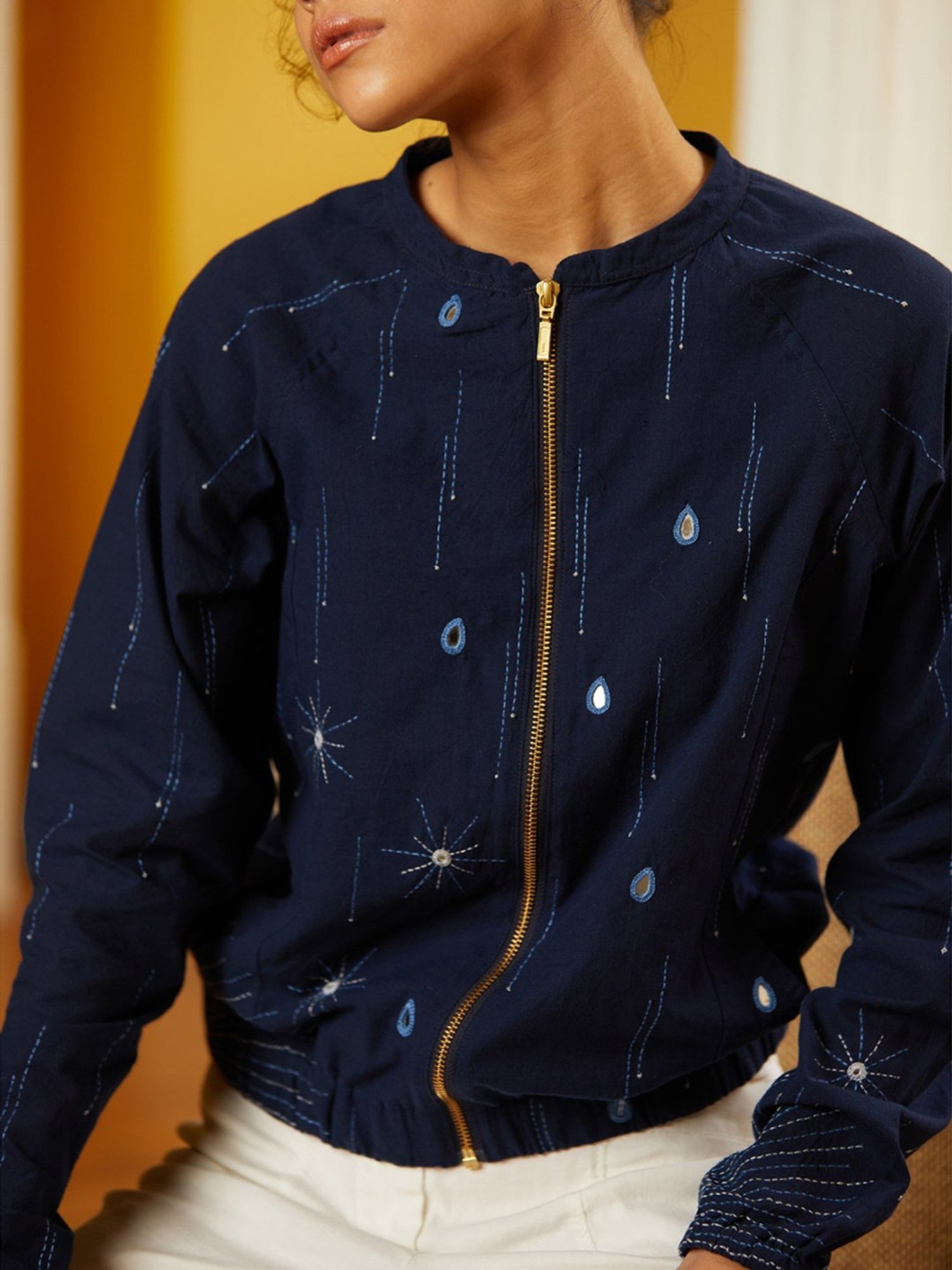 Okhai Drizzle Indigo Blue Pure Cotton Hand Embroidered Jacket