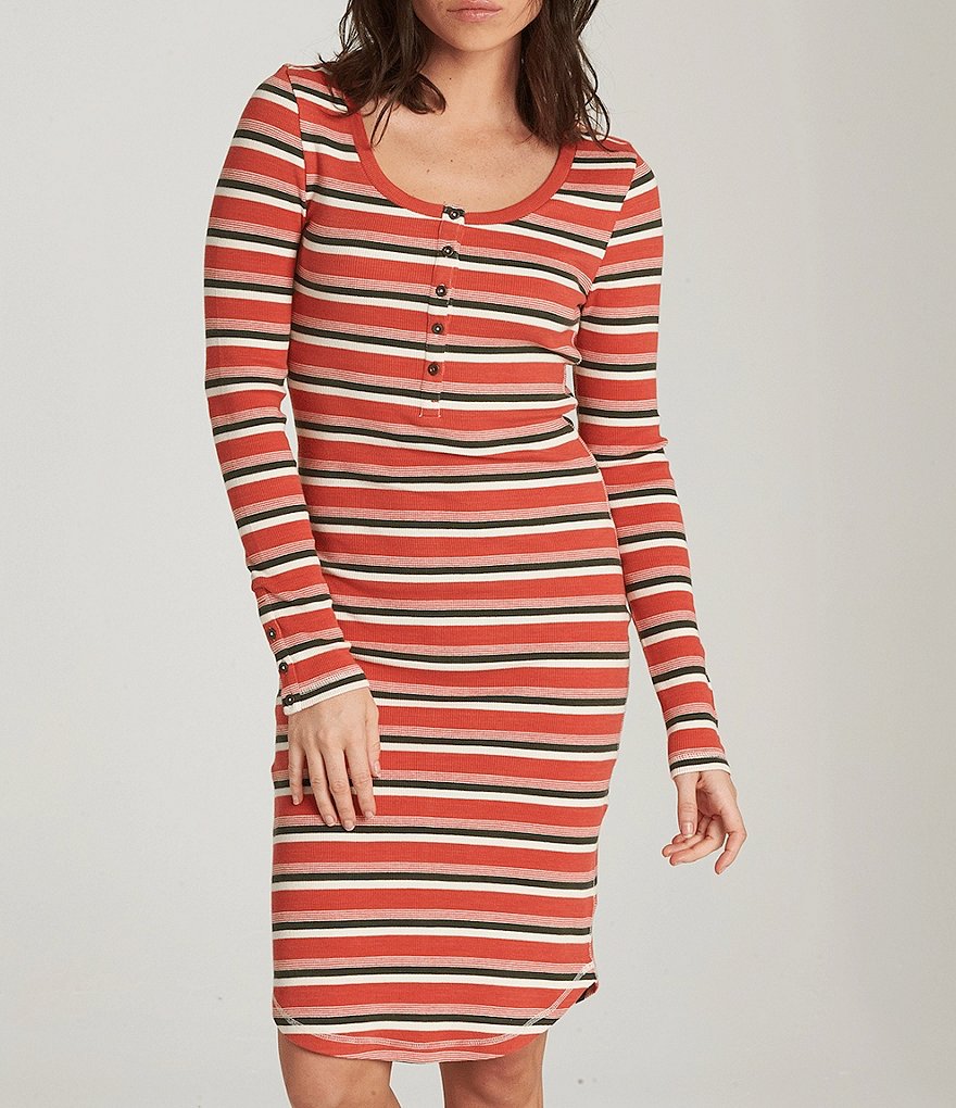 Element Jolene Henley Neckline Long-Sleeve Striped Rib-Knit Dress