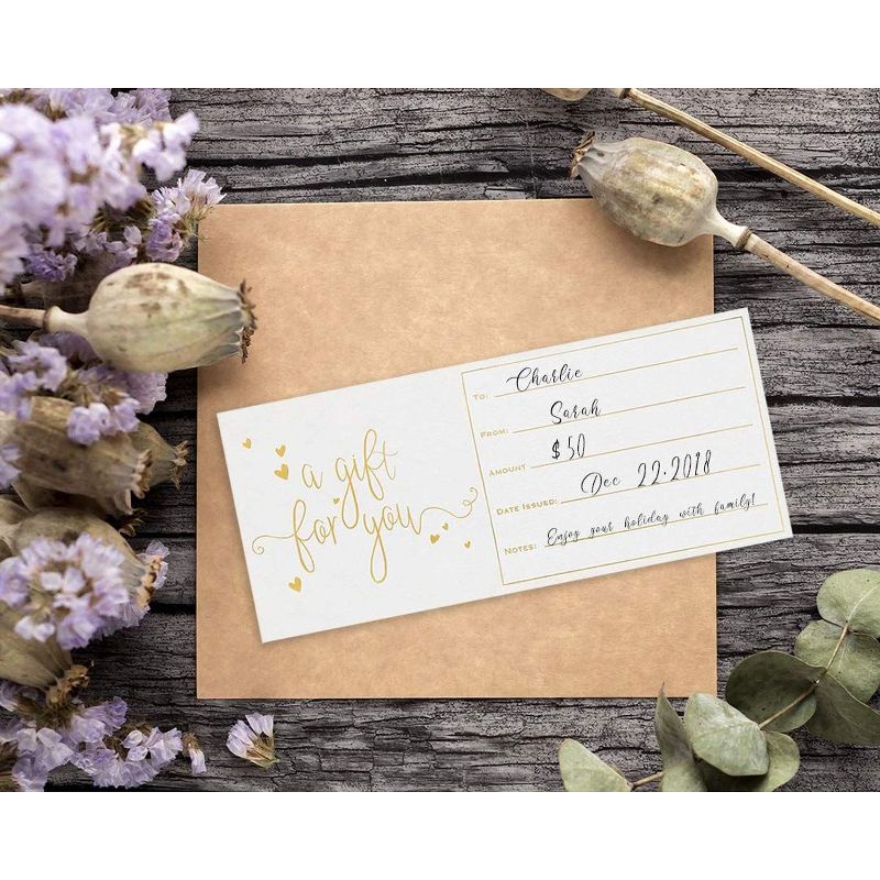 Sustainable Greetings 50-Pack Gold Foil Blank Gift Giving Certificate Cards Vouchers, 250GSM Cardstock, 4 x 9 in