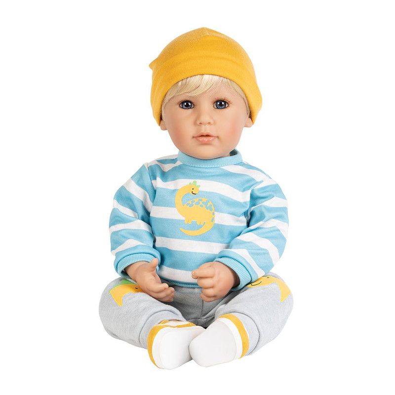 Adora Toddler Doll "Dino Boy" in Striped and Dino print top, coordinating Dino Pants and Yellow Sneakers
