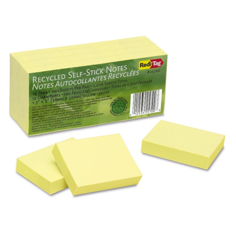 Redi-Tag 100% Recycled Notes 1 1/2 x 2 Yellow 12 100-Sheet Pads/Pack 25700