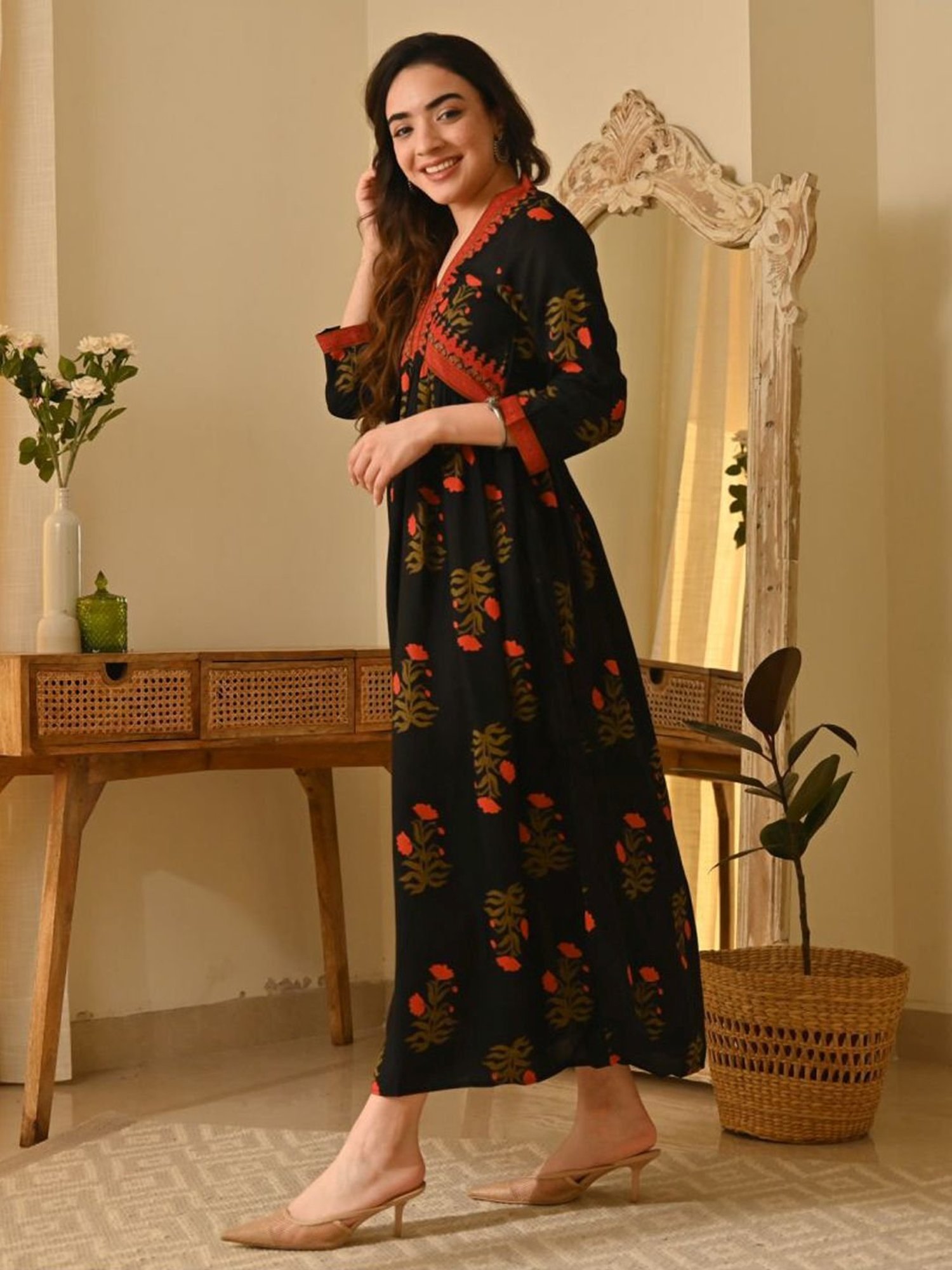 Rustorange Black Printed A-Line Dress