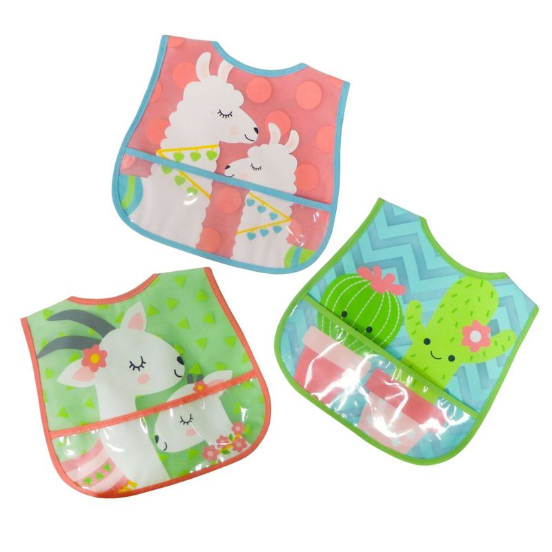 Neat Solutions Girl Printed Translucent Peva/Knit Terry Bib Set - Llama-Cactus-Goat - 3pk