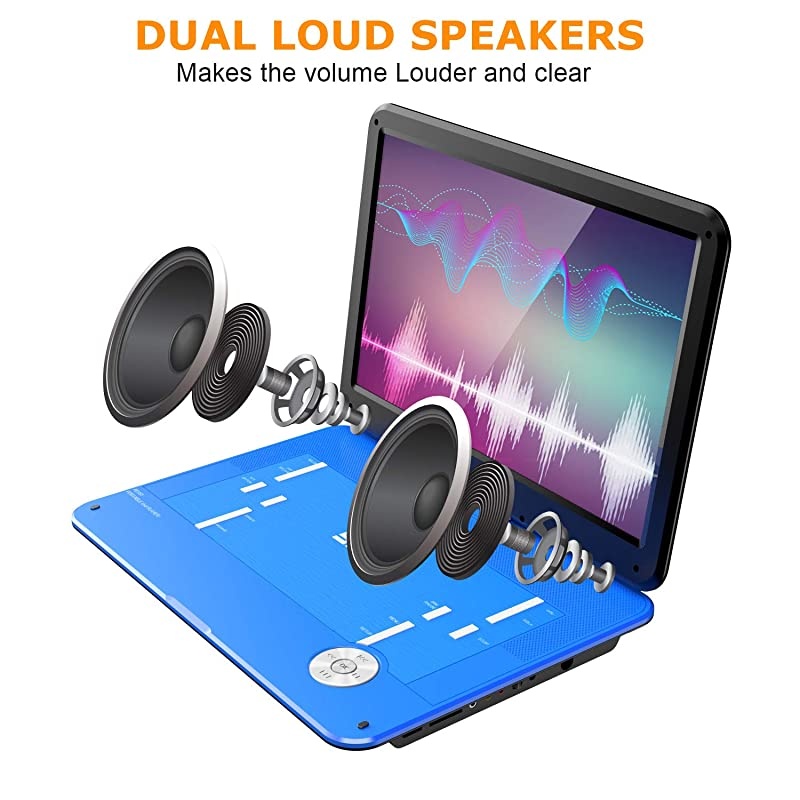 179 Portable DVD Player with 156 inch Large HD Swivel Screen Long Lasting Rechargeable Battery Support USBSD CardAV inOut and Multiple Disc Formats Louder Stereo Speaker Blue