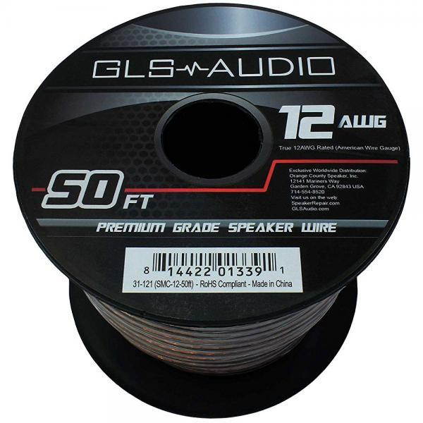 GLS Audio Premium 12 Gauge 50 Feet Speaker Wire - True 12AWG Speaker Cable 50ft Clear Jacket - High Quality 50' Spool Roll 12G 12/2 Bulk