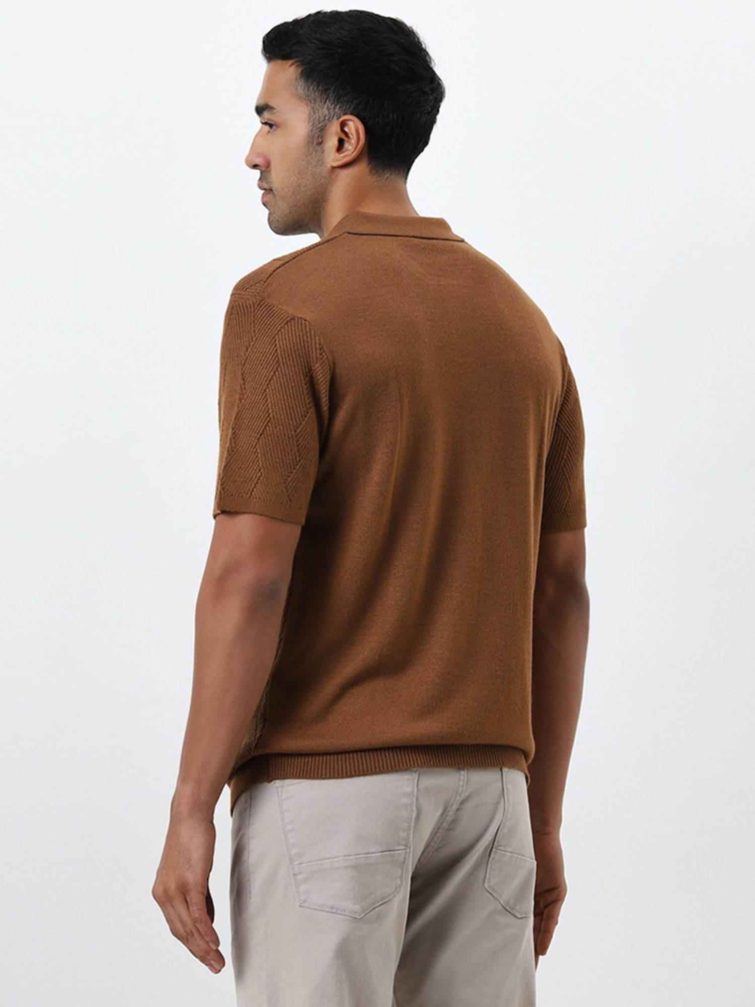 Ascot by Westside Tan Knit-Textured Relaxed-Fit Polo T-Shirt