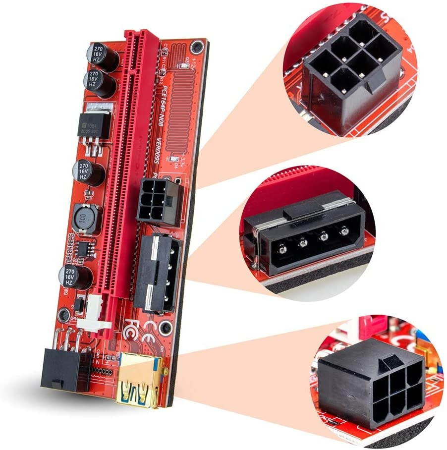 AAAwave PCIE Riser VER 009S 1x to 16x Graphic Extension for GPU Mining USB Riser Powered Adapter Card, 60cm USB 3.0 Cable, 4 Solid Capacitors, 2X 6PIN and Molex 3 Power Options (Orange) Pack of 8