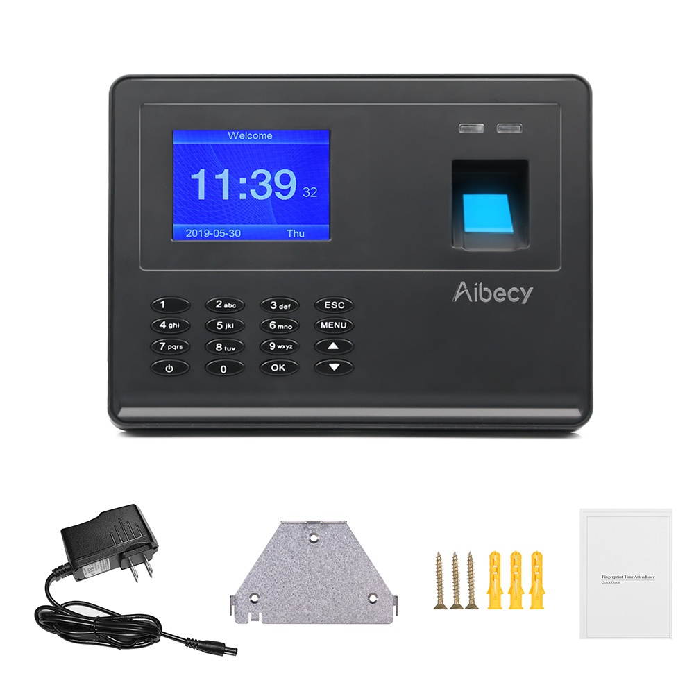 Aibecy Biometric Fingerprint Password Time Attendace Machine Employee Checking-in Time Clock Recorder Reader with 2.8 Inch TFT Screen Multi-language Built-in Battery Support USB Disk Data Download