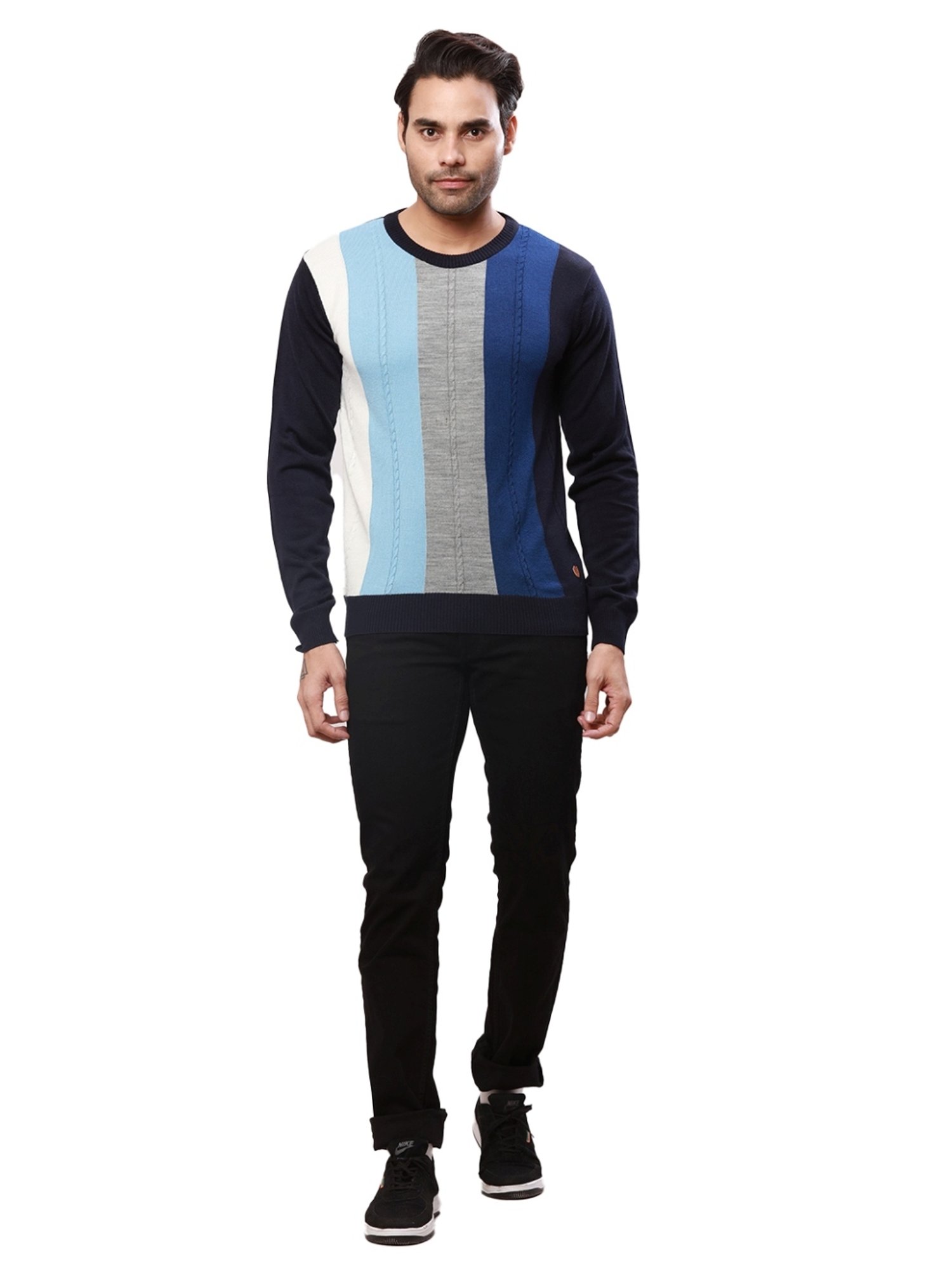 Raymond Blue Regular Fit Striped Sweater