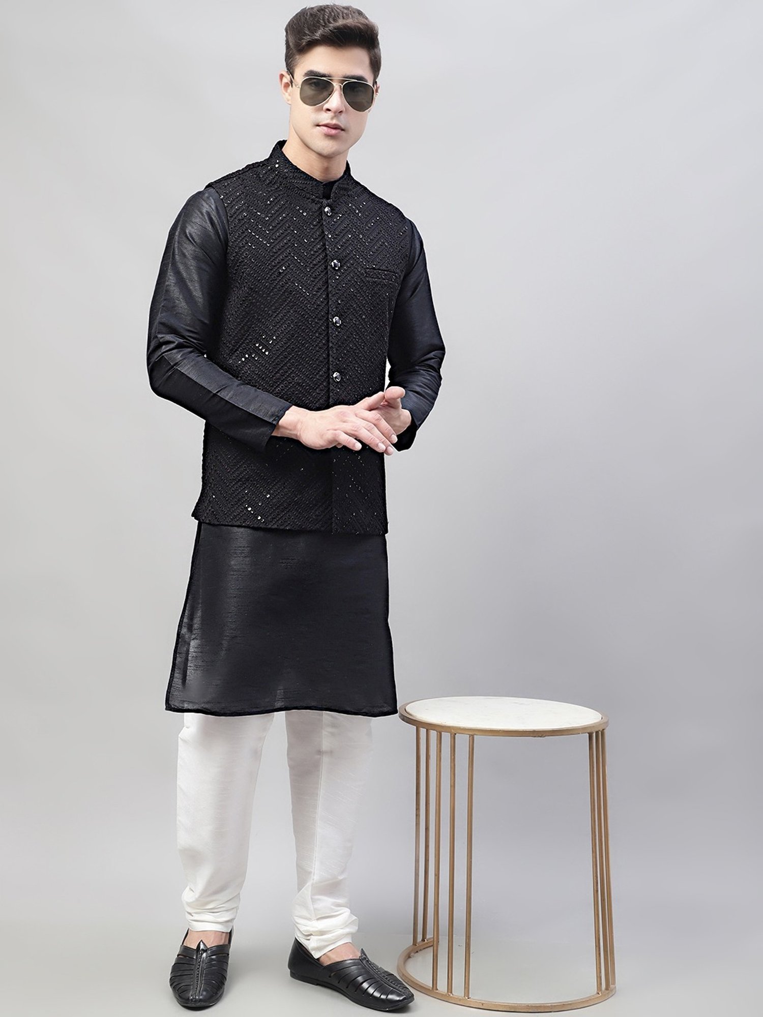 Jompers Black & White Regular Fit Embroidered Kurta Set With Jacket