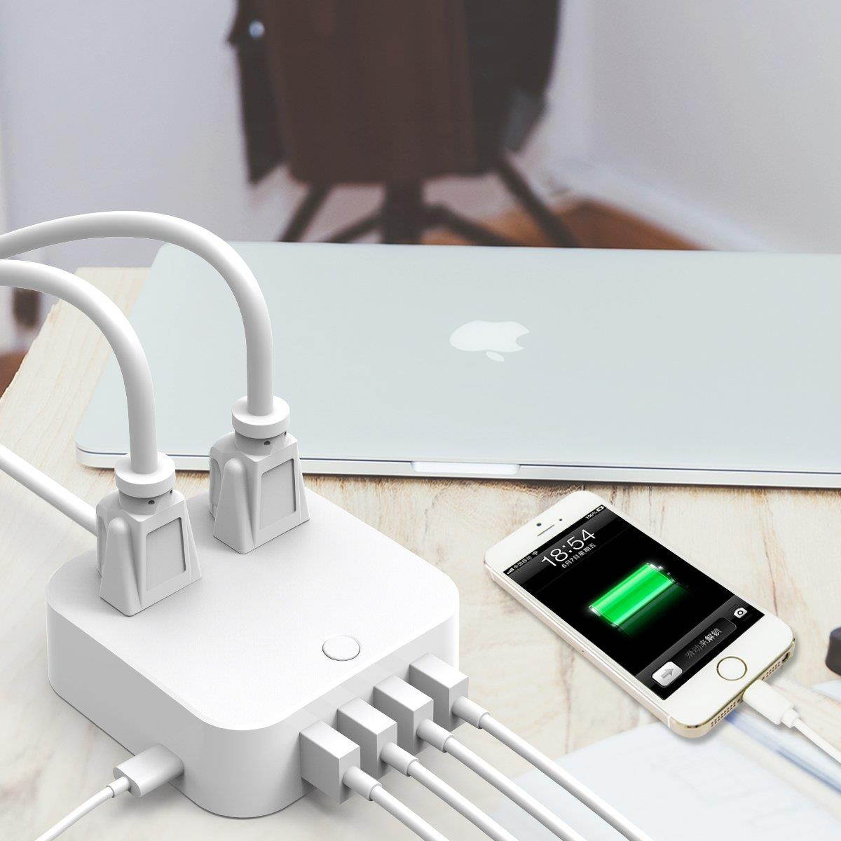 USB Extension Cord - Surge Protector Power Strip, Type-C Charging Port (5V/3A) & 4 USB Ports (5V/2.4A), Portable Travel Charger Station for iPhone iPad Samsung & Tablets, USB C Not for Laptops