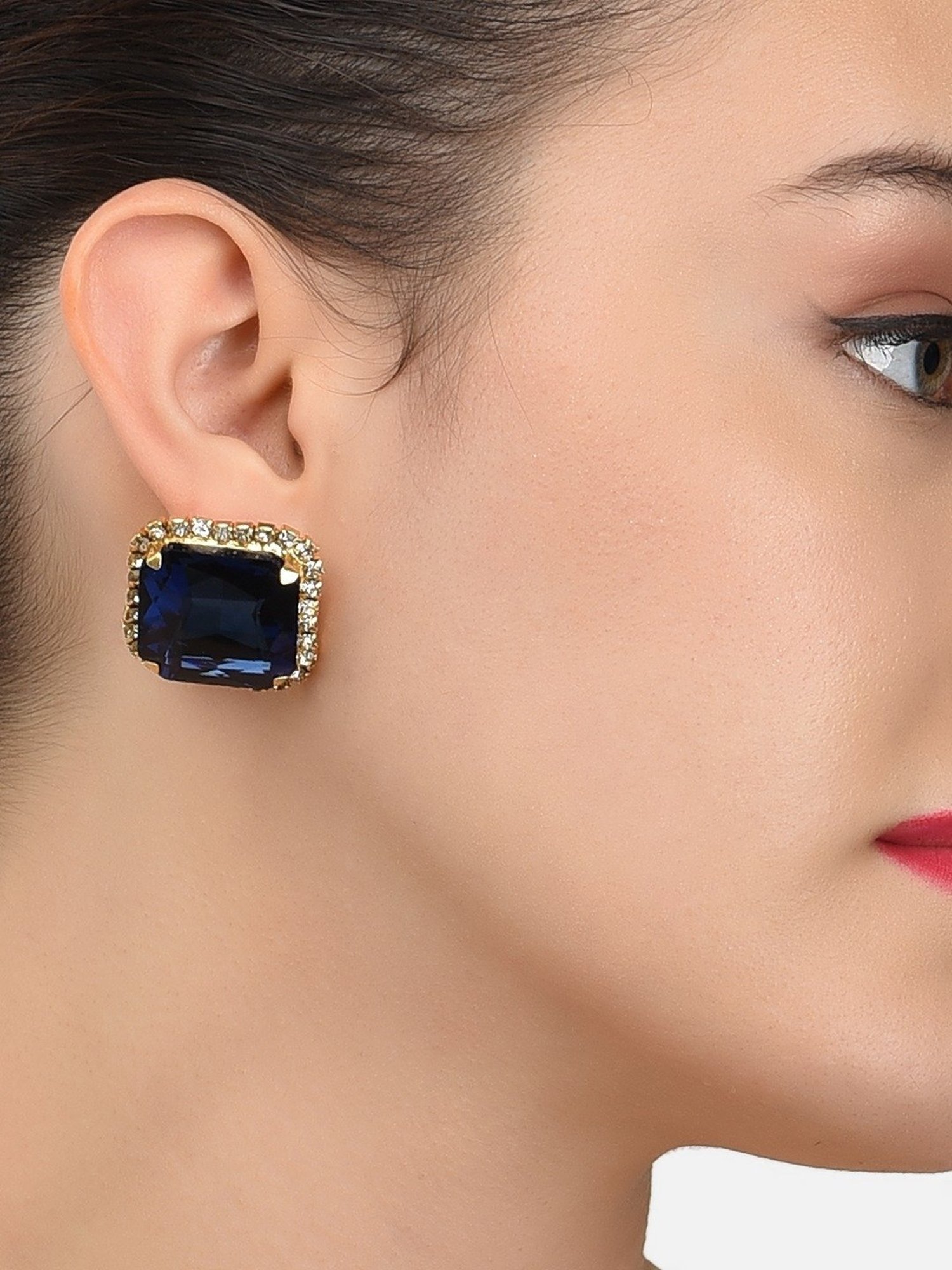 Zaveri Pearls Blue Stone & Diamonds Fusion Look Stud Earrings-ZPFK11418