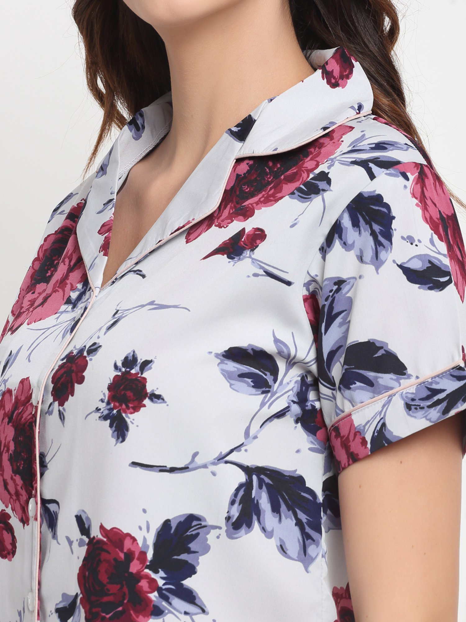 Erotissch Grey & Red Floral Print Shirt Pyjama Set