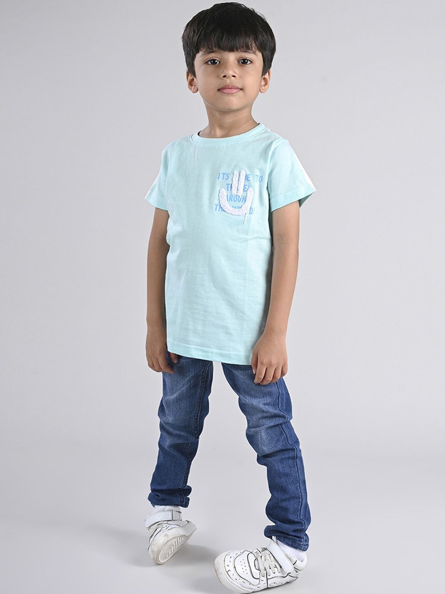 Tales & Stories Kids Aqua Blue Cotton Embroidered T-Shirt