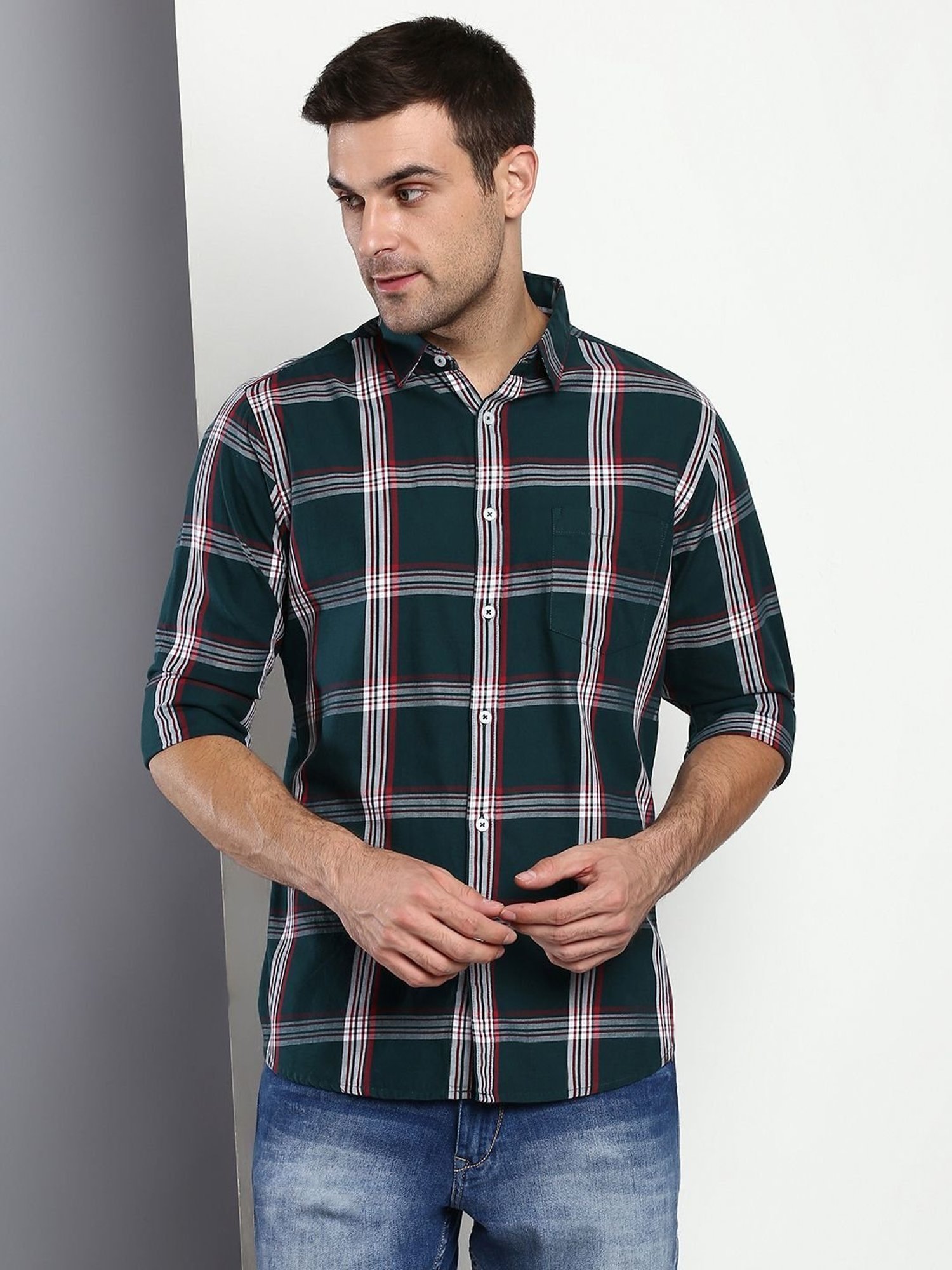 Dennis Lingo Green Cotton Slim Fit Checks Shirt
