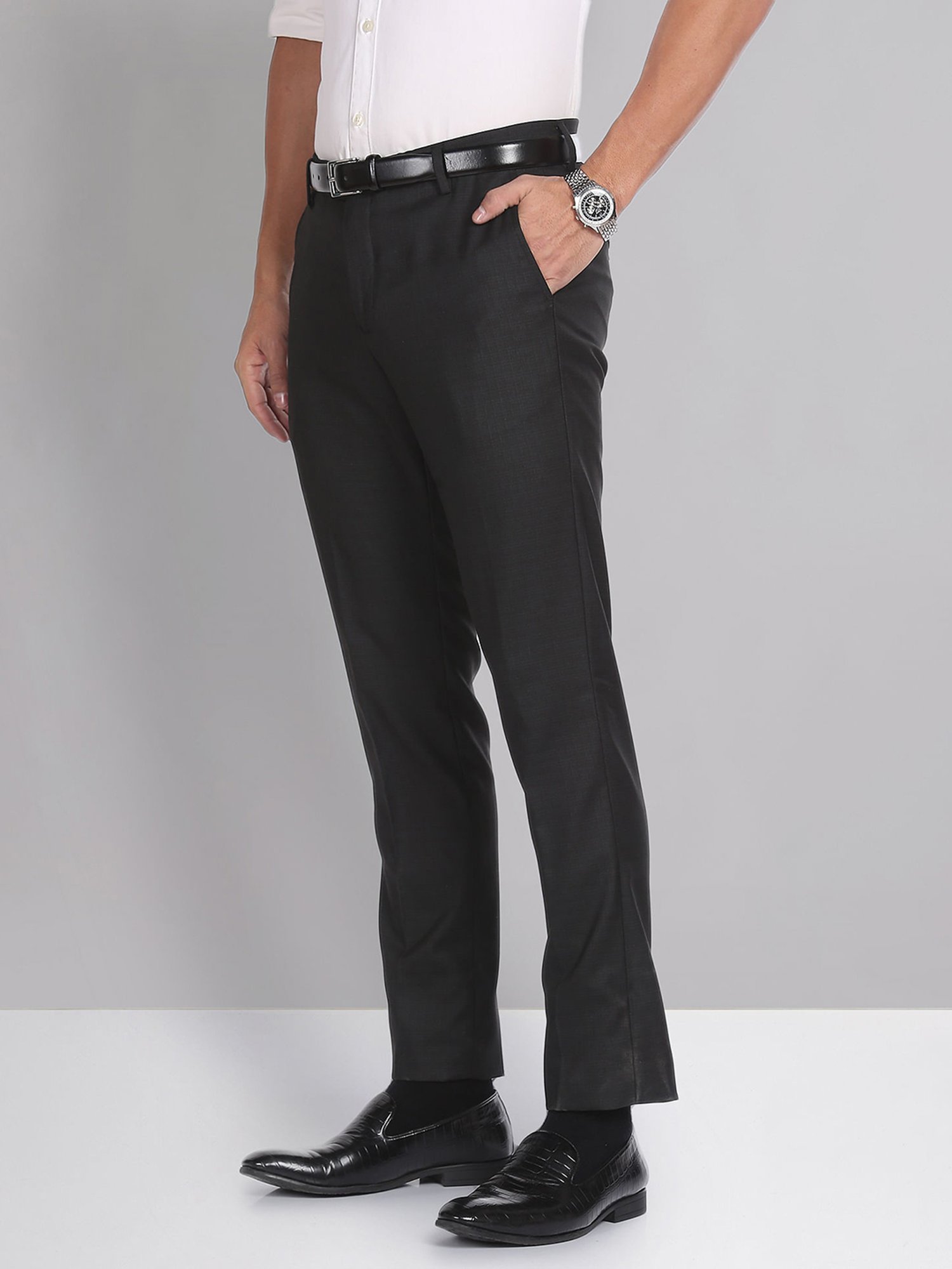 AD by Arvind Dark Grey Slim Fit Flat Front Trousers