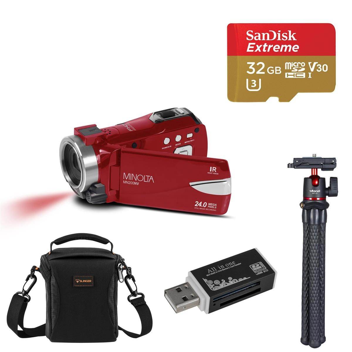 Minolta MN200NV 24MP FHD Night Vision Camcorder, Red with Accessories Kit