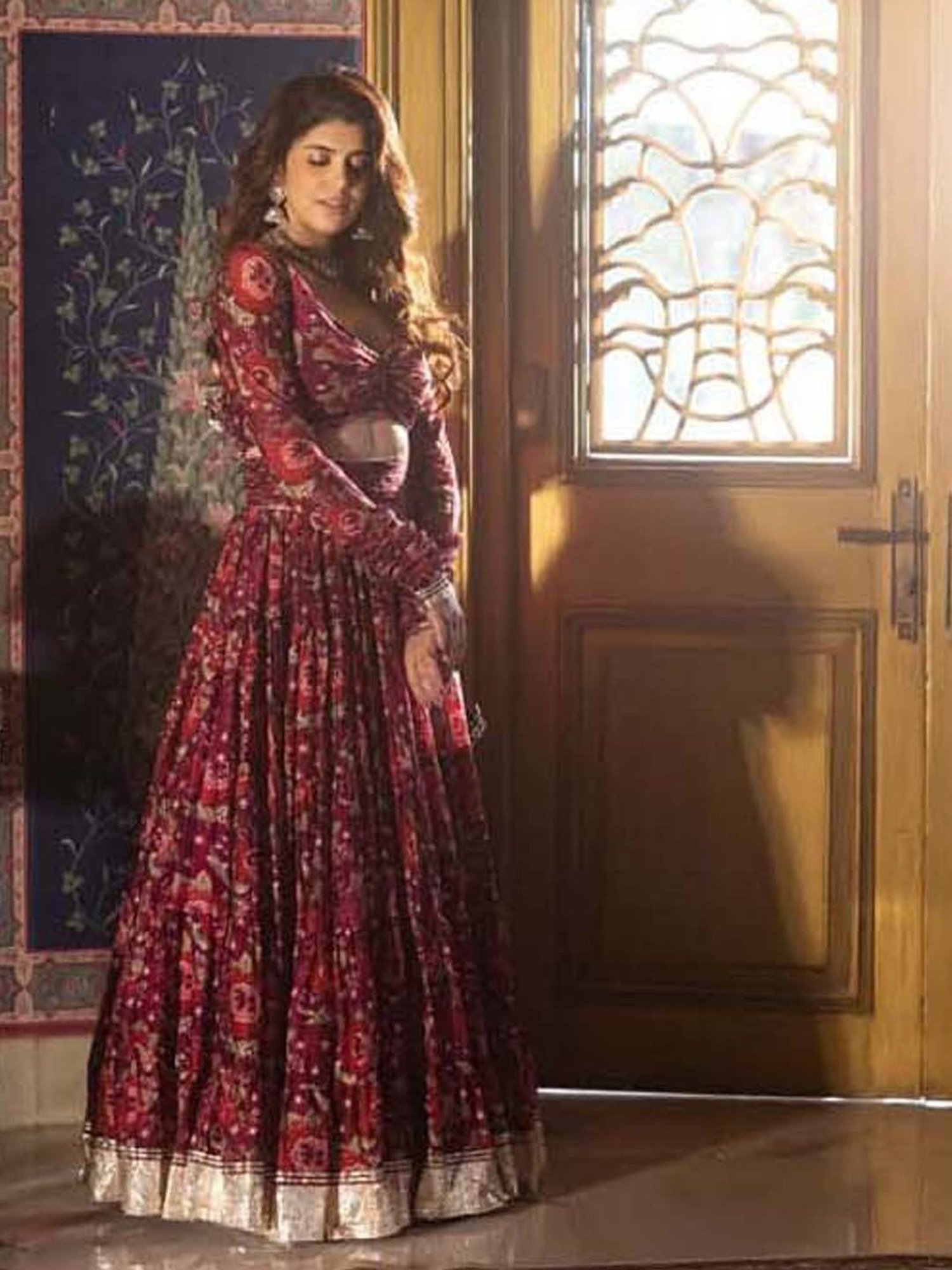 AACHHO Pink Floral Print Lehenga Choli Set With Dupatta