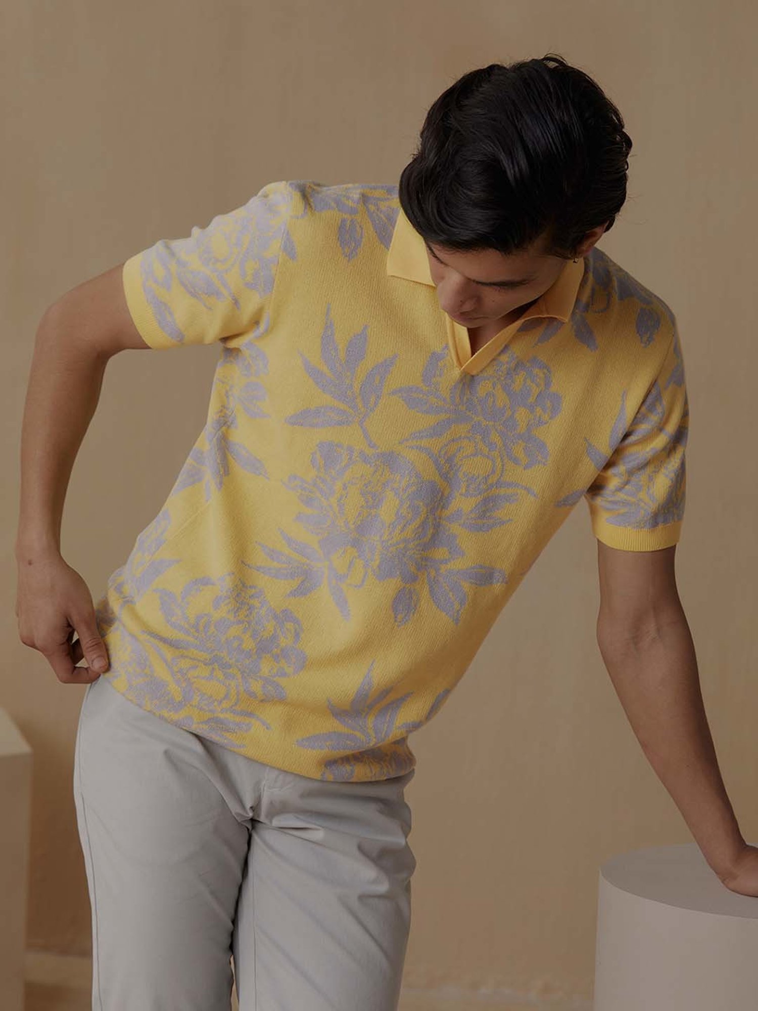 ANDAMEN Yellow Regular Fit Printed Cotton Polo T-Shirt