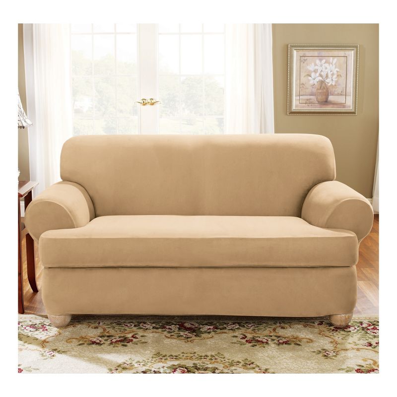 Camel Stretch Suede T-Loveseat Slipcover - Sure Fit