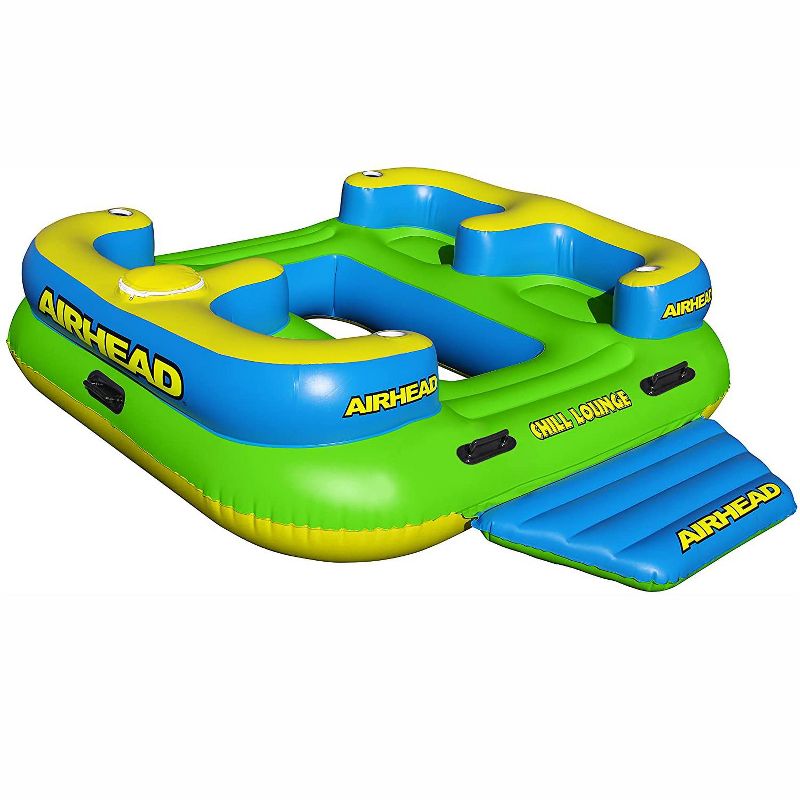 Airehead Chill Lounge 4 Person Lake Inflatable Floating Island with Zippered Cooler and Cup Holders for Lakes and Pools, Multicolored