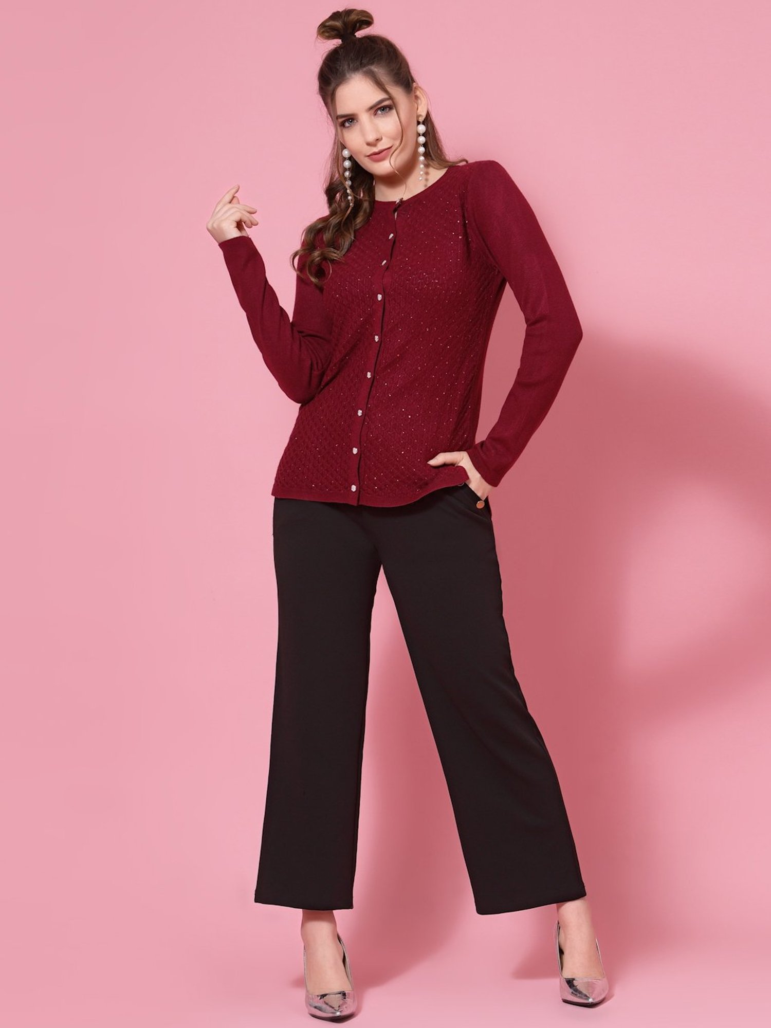 Mafadeny Maroon Embellished Cardigan
