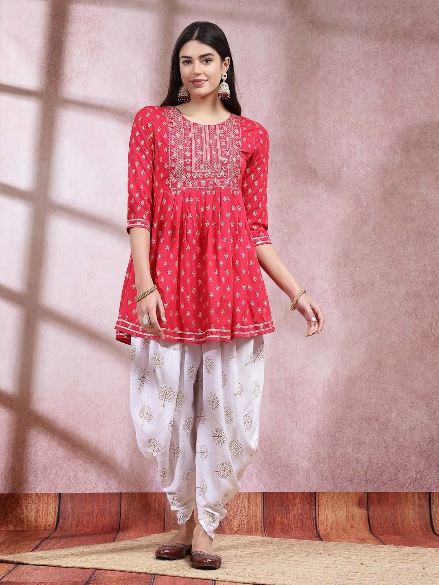 Stylum Pink & White Embroidered Kurti Dhoti Pant Set