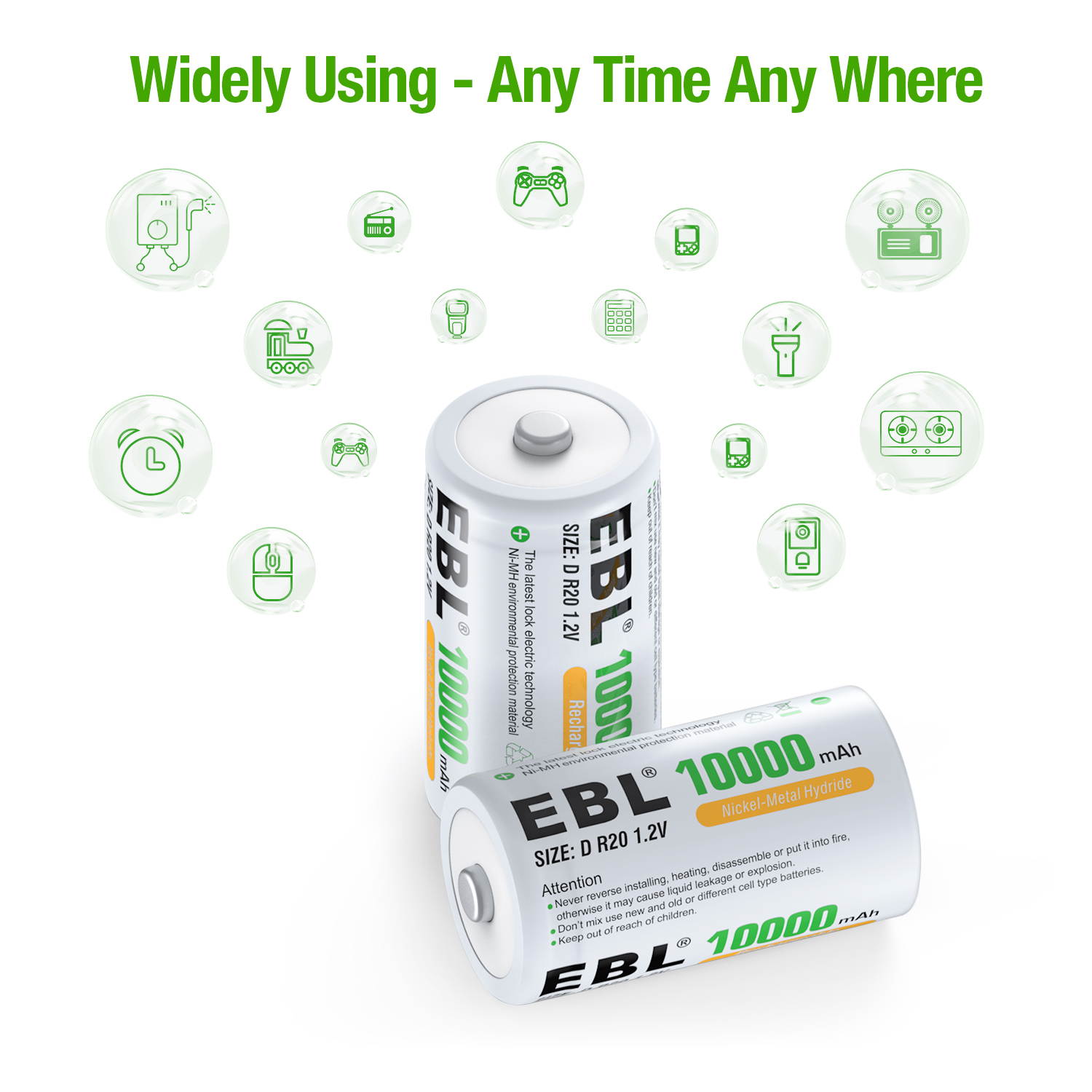 EBL 2Pcs D Cells 10000mAh Rechargeable Batteries with C D 9V AA AAA Battery Charger