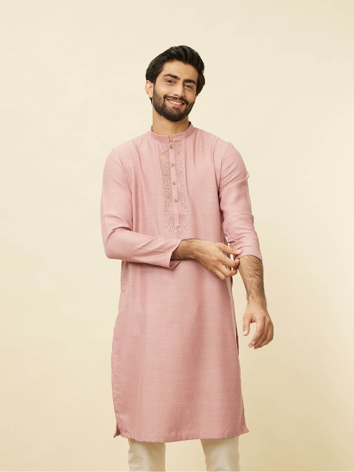 Manyavar Pink & Beige Regular Fit Self Pattern Kurta Bottom Set