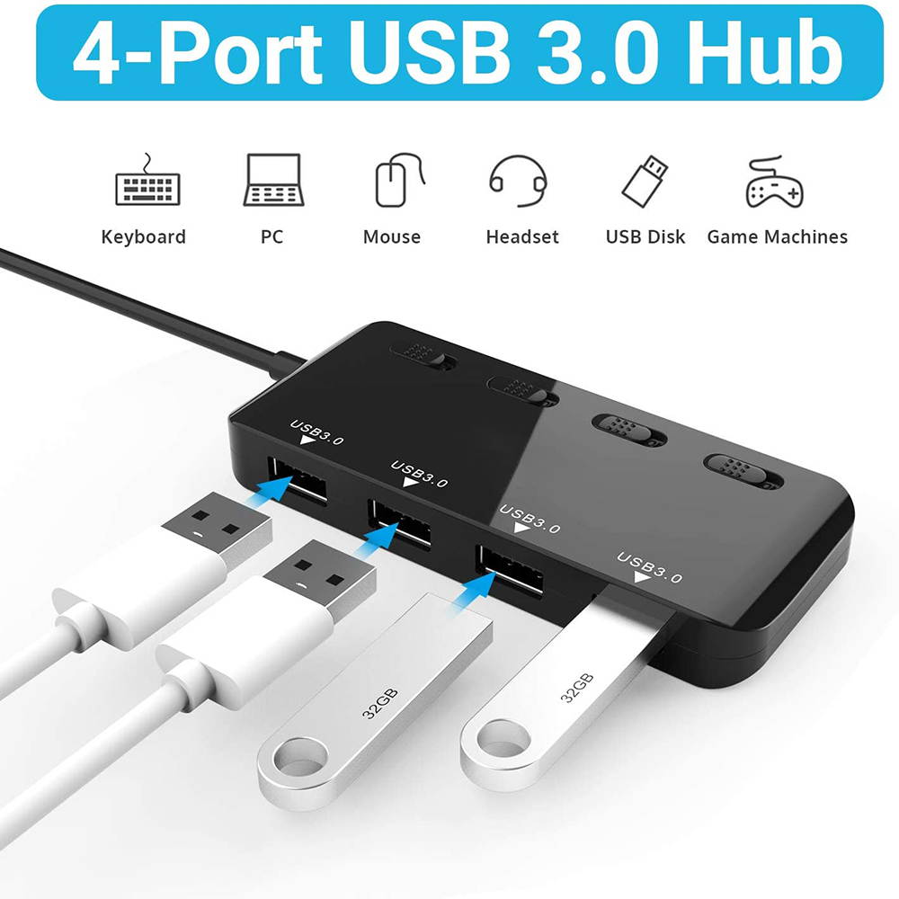 Powered USB Hub Splitter 3.0-4 Port Black Non Slip USB Data Hub with One Smart Charging Port,Individual On/Off Blue LED Indicator Power Switches Compatible for Mouse/Keyboard/PC/USB Flash/Mobile HDD