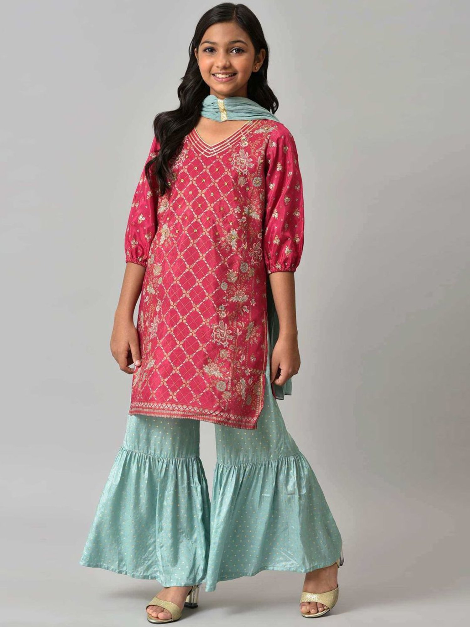 Aurelia Kids Pink & Blue Embroidered Kurta Set