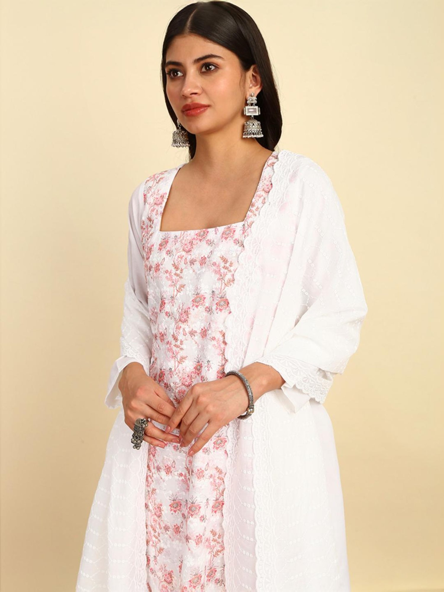 Soch Womens Pink Floral Print Cotton Unstitched Dress Material With Schiffli