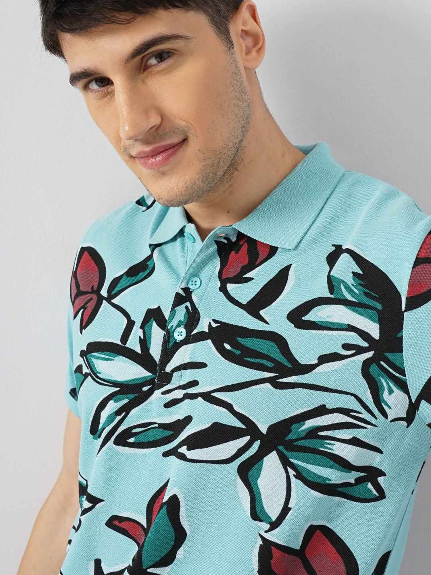 Celio Sea Green Cotton Regular Fit Printed Polo T-Shirt