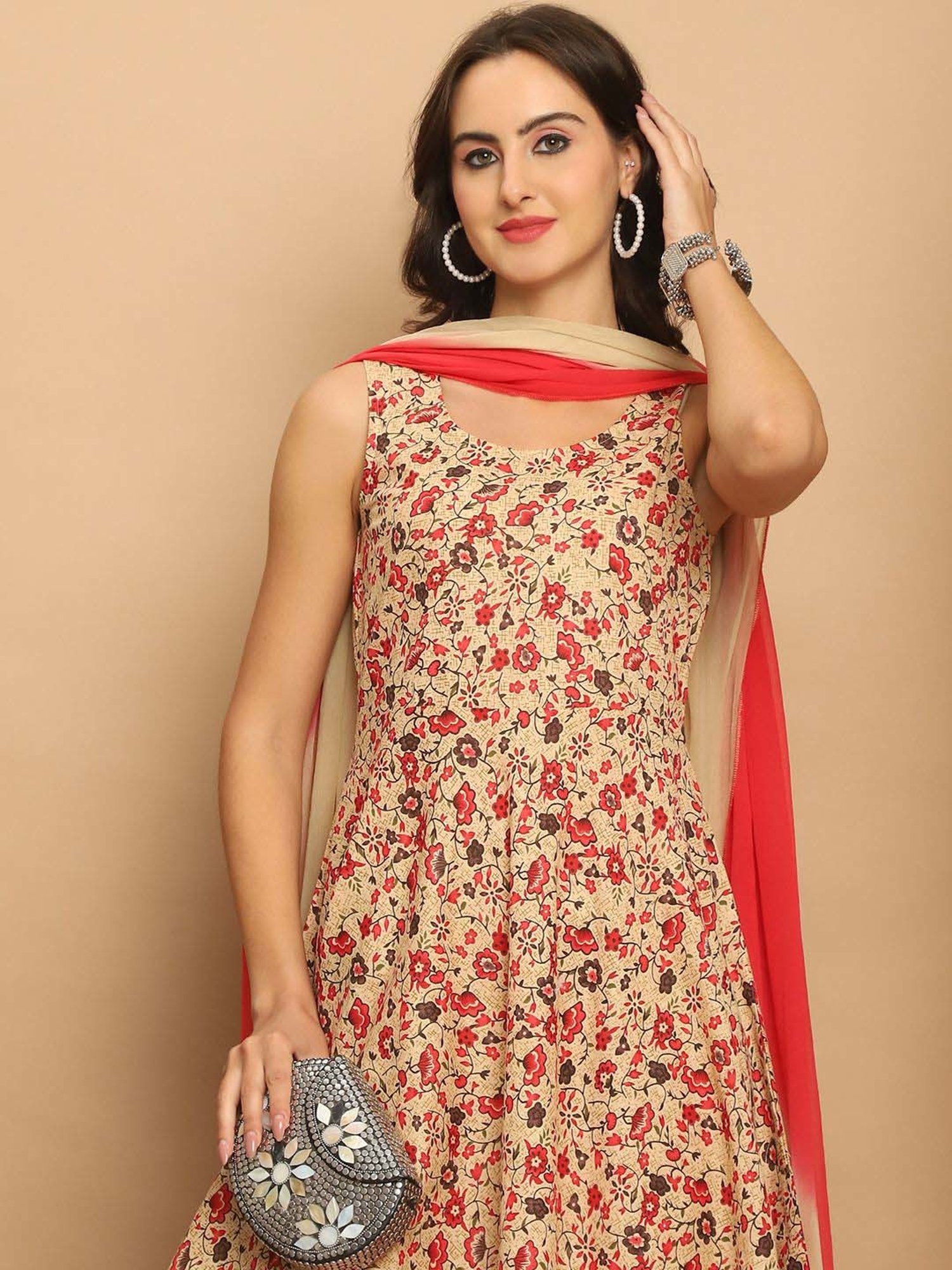 Jompers Beige Cotton Printed Kurta Palazzo Set With Dupatta