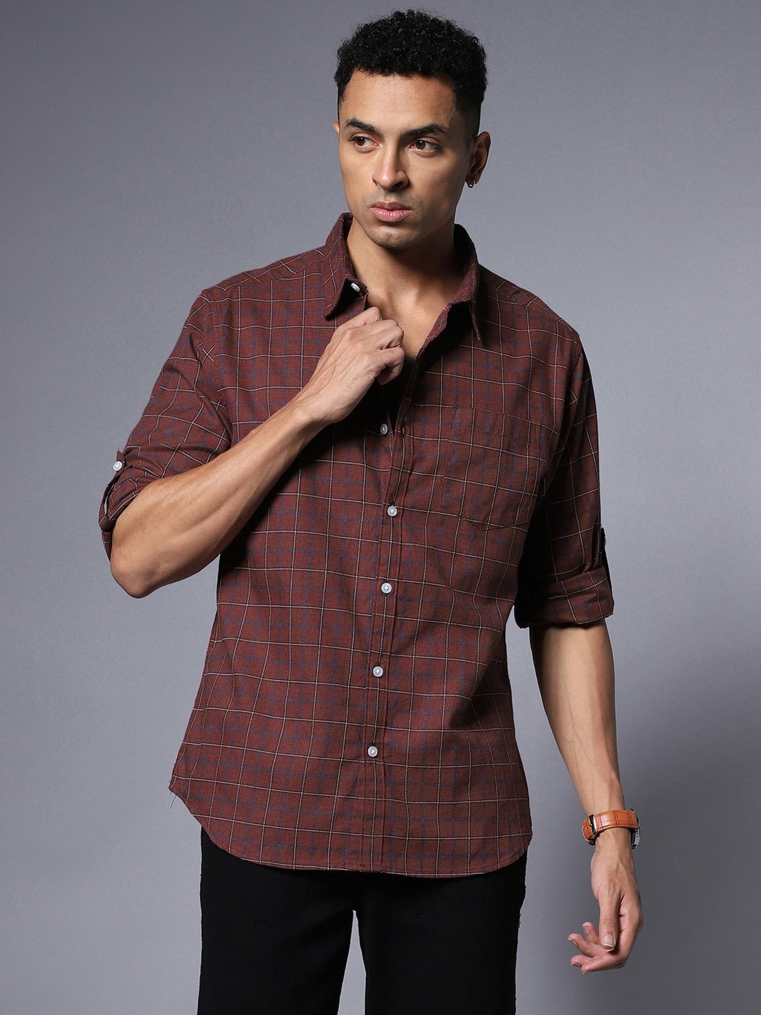 High Star Dark Maroon Relaxed Fit Check Cotton Shirt
