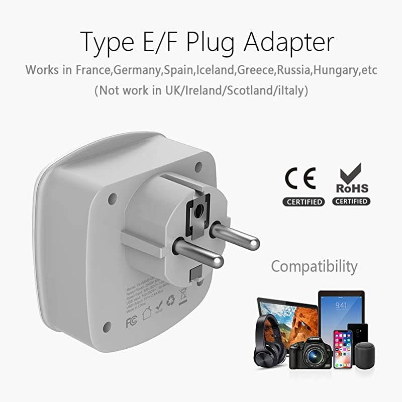 Germany France Travel Power Adapter Schuko Plug with 2 USB Ports 2 AC Outlets US to European Europe German French Spain Iceland Russia AdaptorType EF