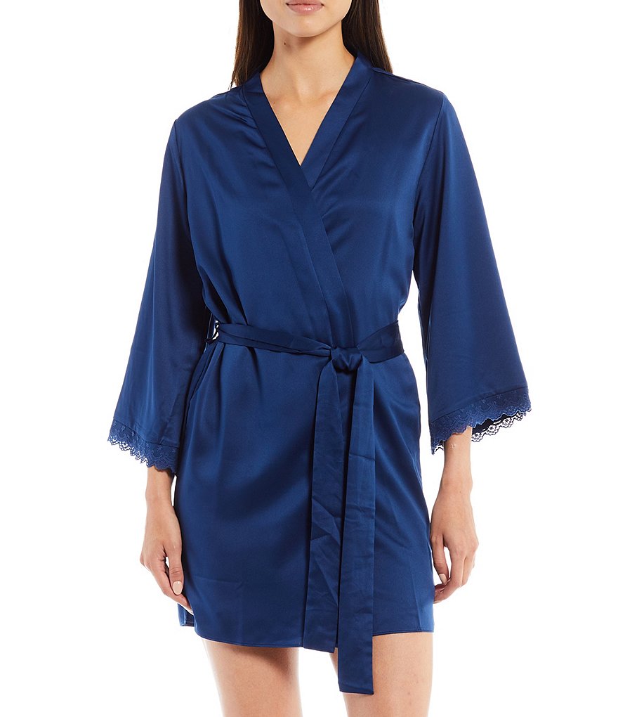 Flora Nikrooz Victoria Lace Trim 3/4 Sleeve Satin Wrap Robe