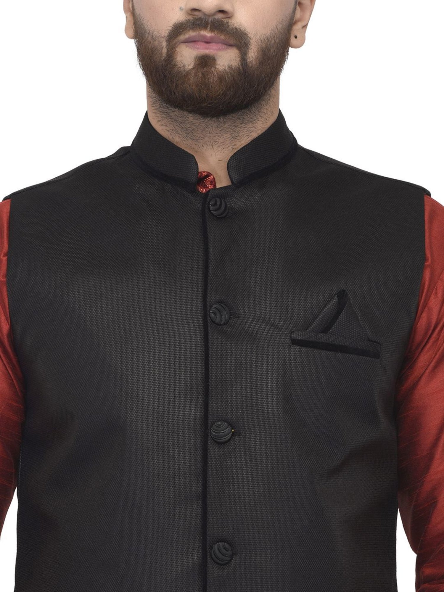 Benstoke Maroon & Black Regular Fit Kurta Set With Jacket