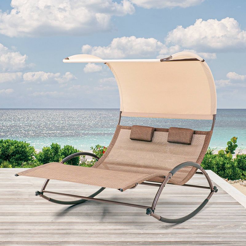 Outdoor Double Chaise Lounge Chair Rocking Bed with Sun Shade & Wheels - Brown - Crestlive Products