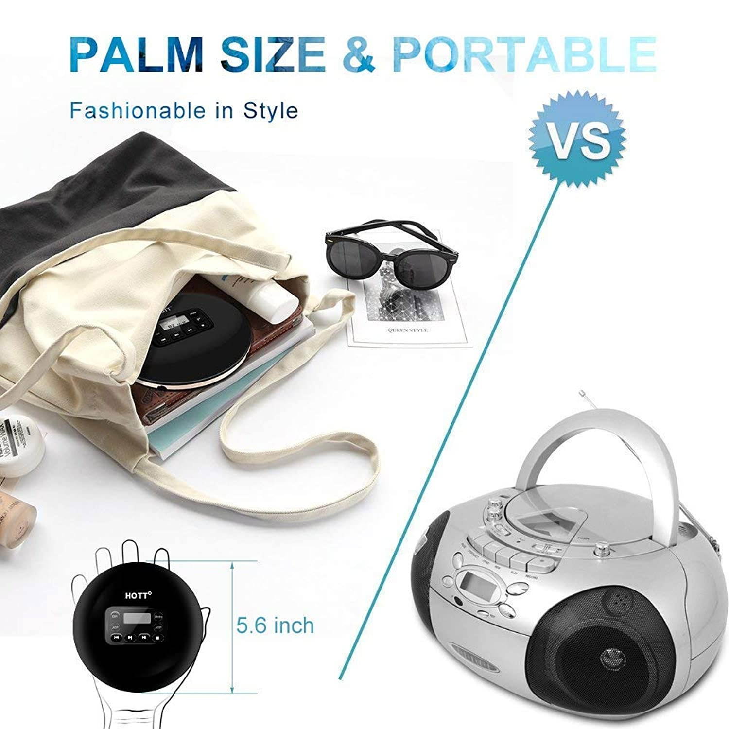 CD Player with Headphones, HOTT Personal CD Walkman Music Player with LCD Display, Skip Protection Shockproof Anti Scratch Function, Support CD, MP3 CD, CD-R, CD-RW Format - Black