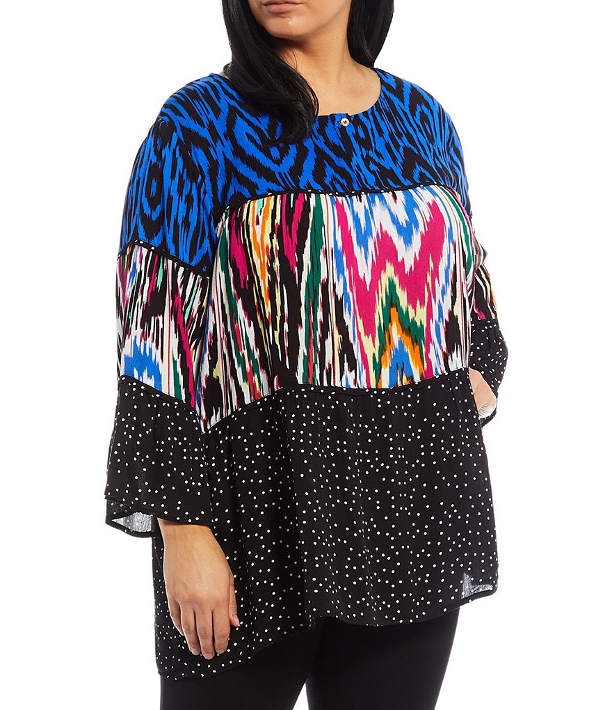 Calessa Plus Size Crinkle Tiered Patchwork Round Neck Long Bell Sleeve Abstract Print Tunic