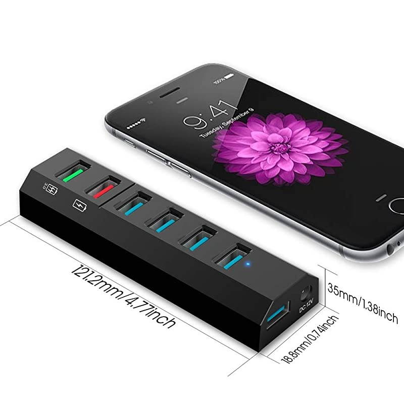 USB Hub,  6 Ports Super High Speed USB 3.0 Hub Splitter + 24W Power Adapter + USB 3.0 Cable, Black Smart Fast Charger Powered USB Hub for Laptop, Mac, PC, Mobile HDD, Mulitple Devices